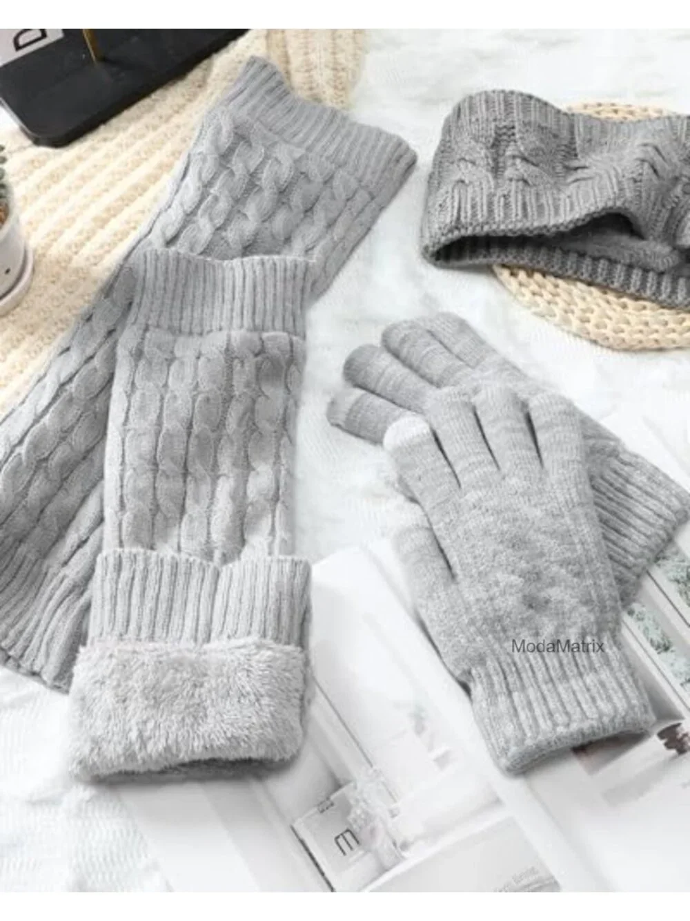Fleece Lined Leg Warmers Headband Gloves Set Knit Winter
